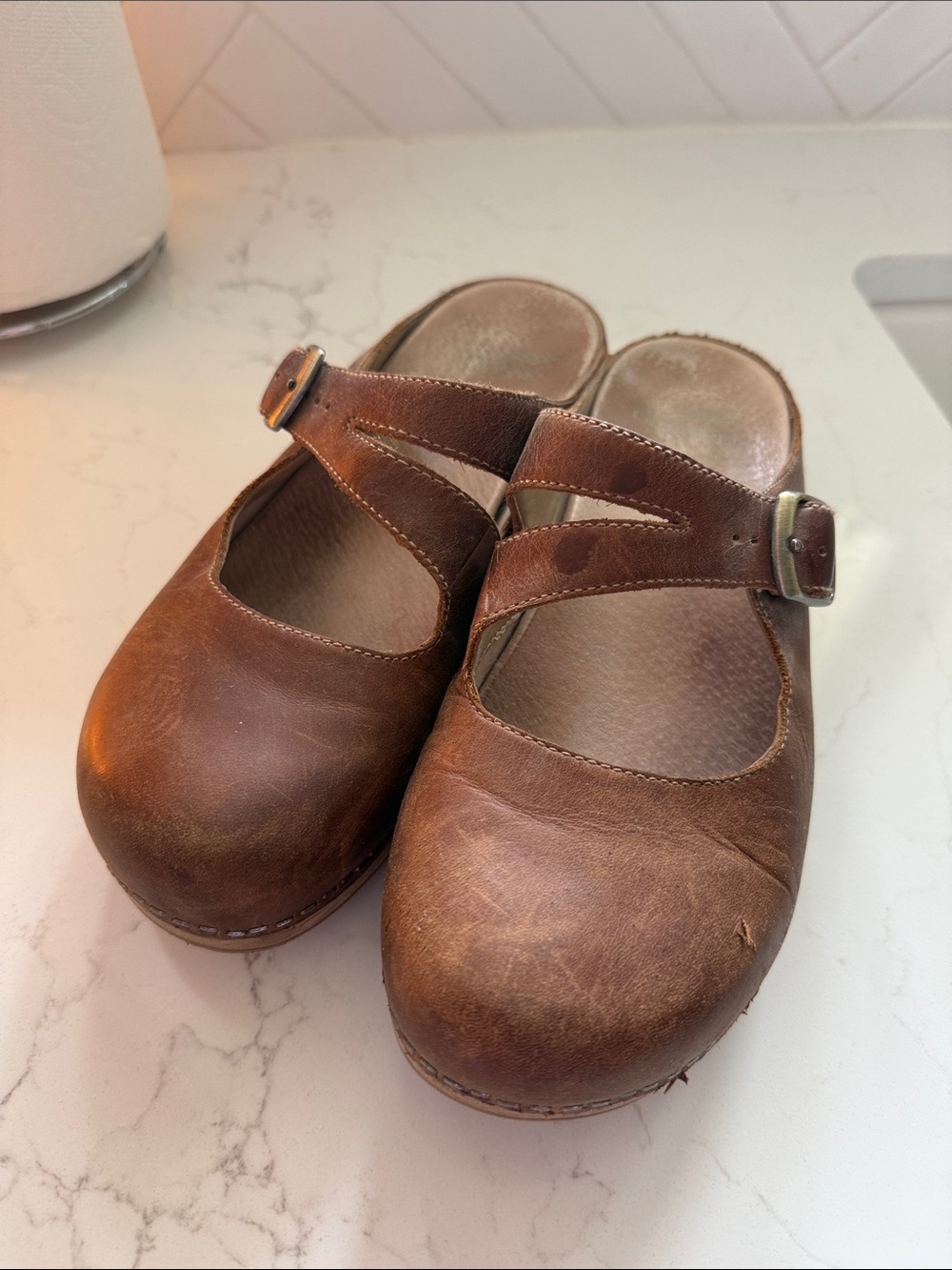 Dansko Brown Leather Mary Jane Clogs with Buckle Strap